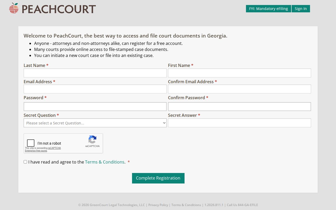 Rabun County docket search PeachCourt registration screen