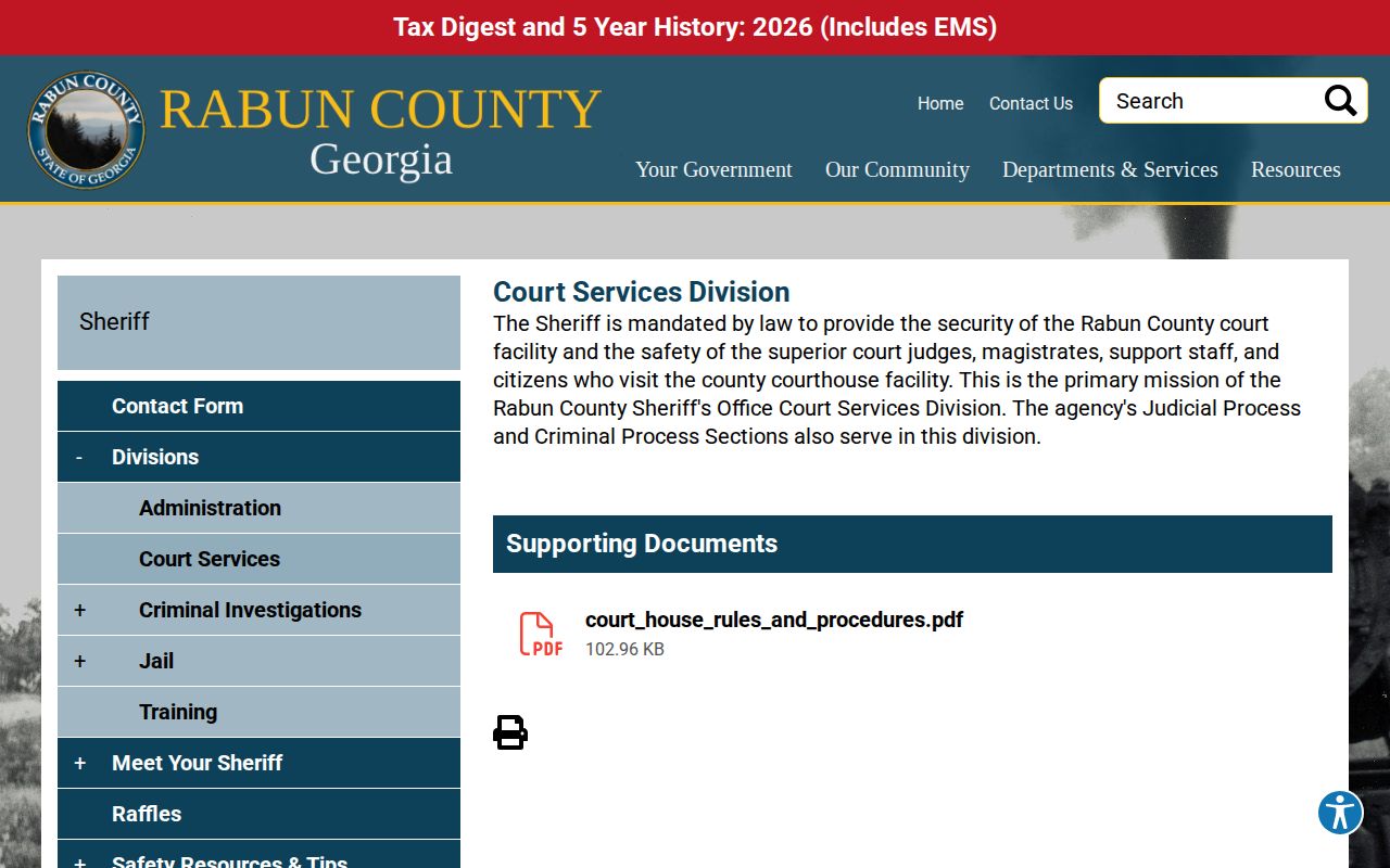 Rabun County criminal court docket and sheriff court services